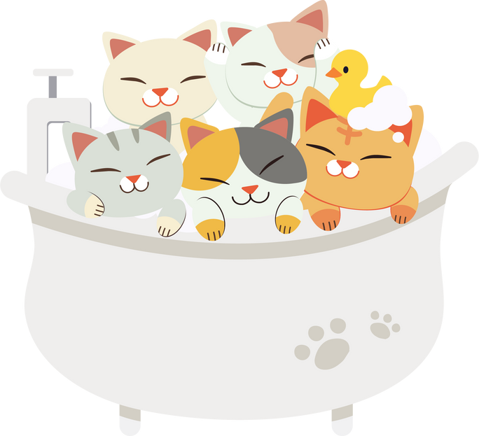 The Collection of Cute Character Cartoon Cat in the Bathtub. Happy,Sad, Afraid,Relax with Bathtime.Healthcare for Cat.Illustation of Cat for Graphic, Banner,Content,Etc.